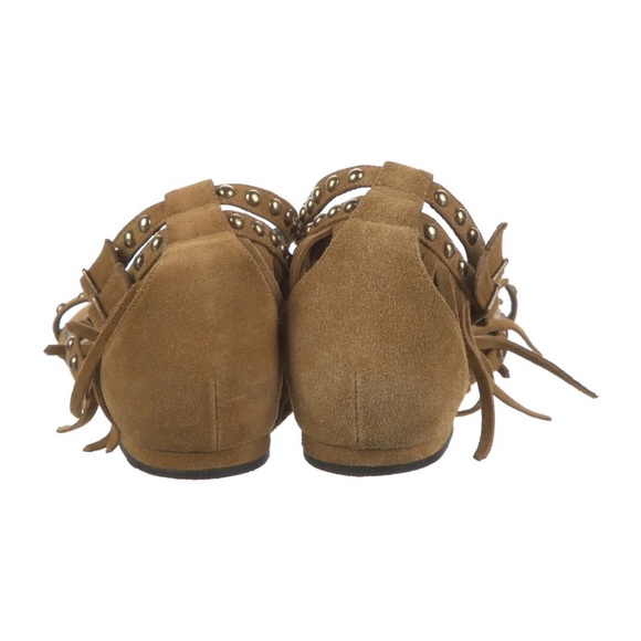 Saint Laurent | Gladiator Suede Fringe Flat Studded Sandals Tan 35 - Picture 5 of 8